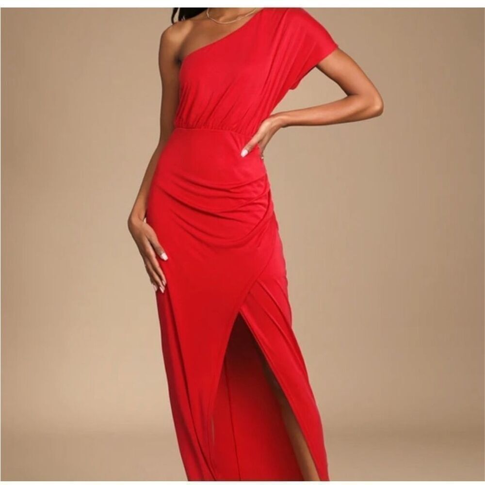 Lulu’s Take Me Out one shoulder knit elegant maxi dress